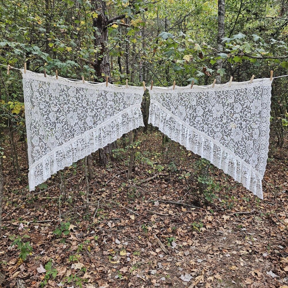 1980s Vintage Ivory Cream Floral Lace Curtain Swag Ruffled Pair 72"x38"